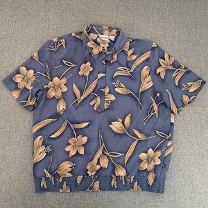 Alfred Dunner Floral Pull Over Blouse Blue Tan Top Elastic Waist‎ Collared Sz 16